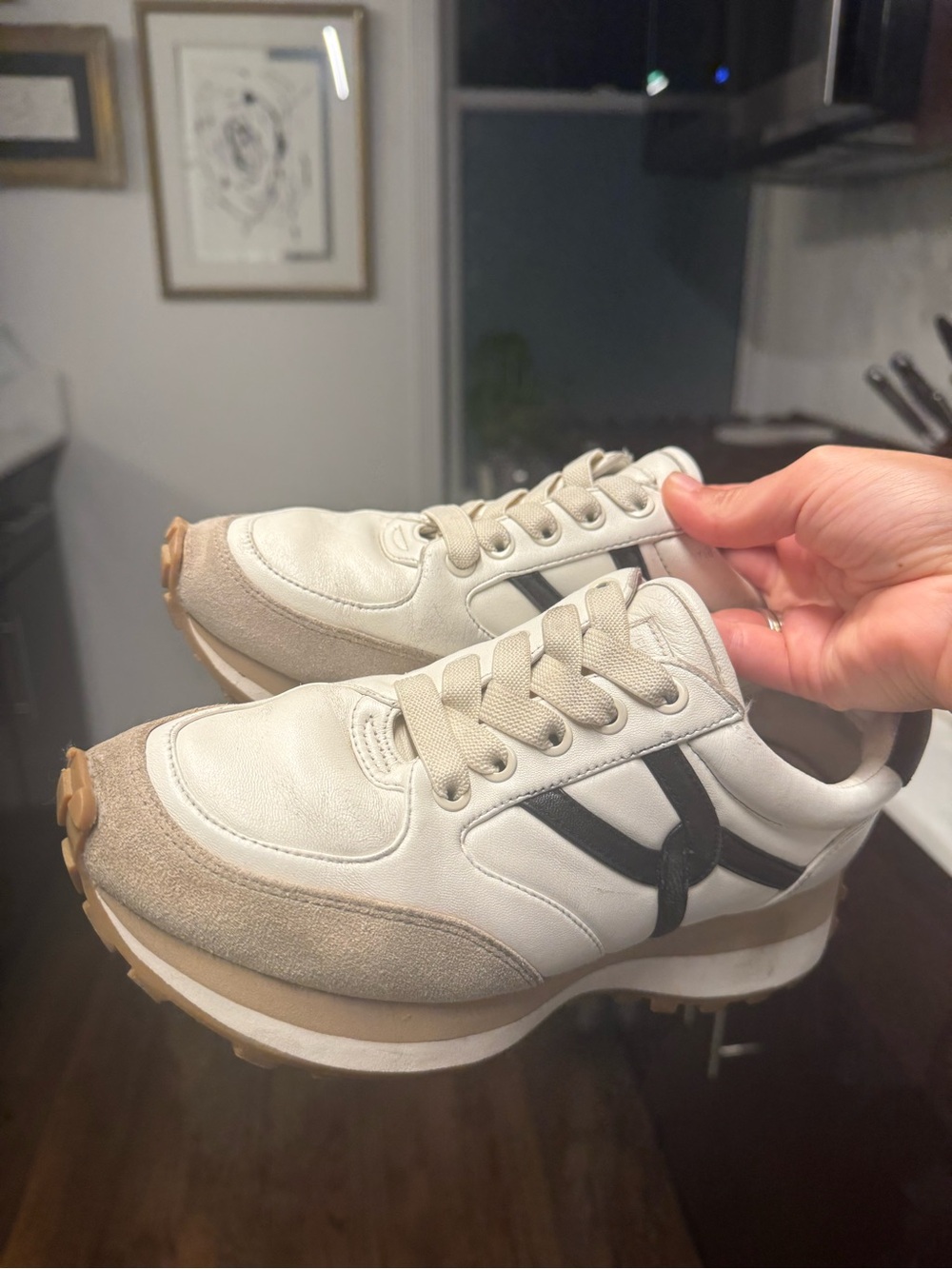 Veronica Beard Valentina White Sneakers with Tan Platform and Navy Accents - Picture 3 of 10